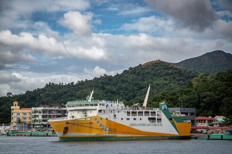 Ferry beside a green coastline