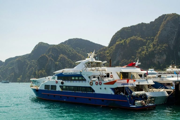 Ferry docked below green mountains