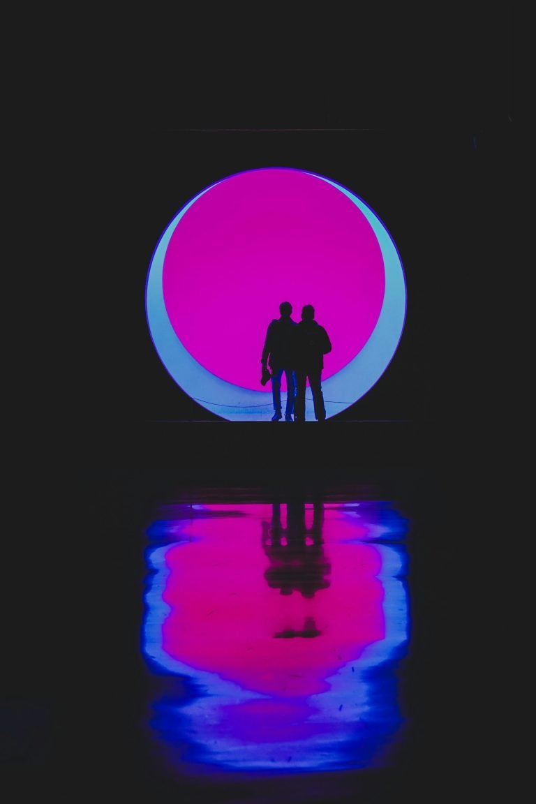 Silhouettes before a glowing pink and blue circle