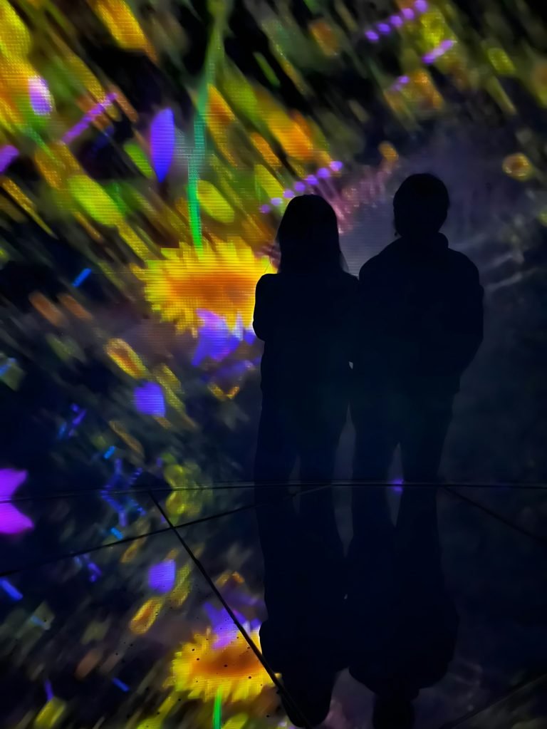 Watching a vibrant floral projection