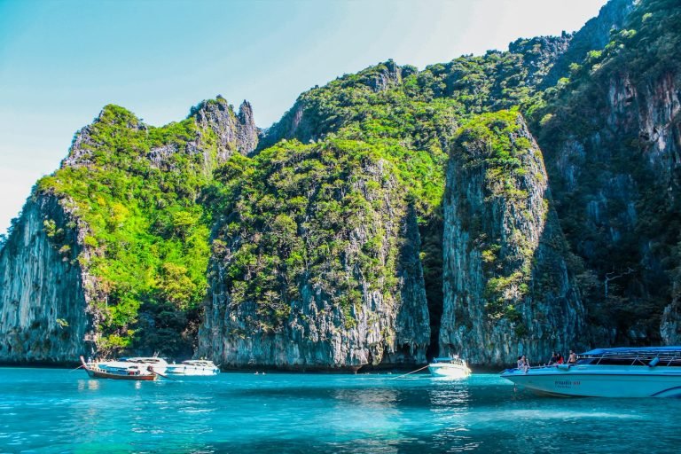 Speedboat near a green island