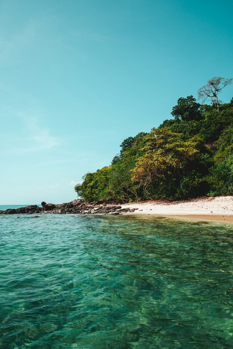 Clear blue water and a small island