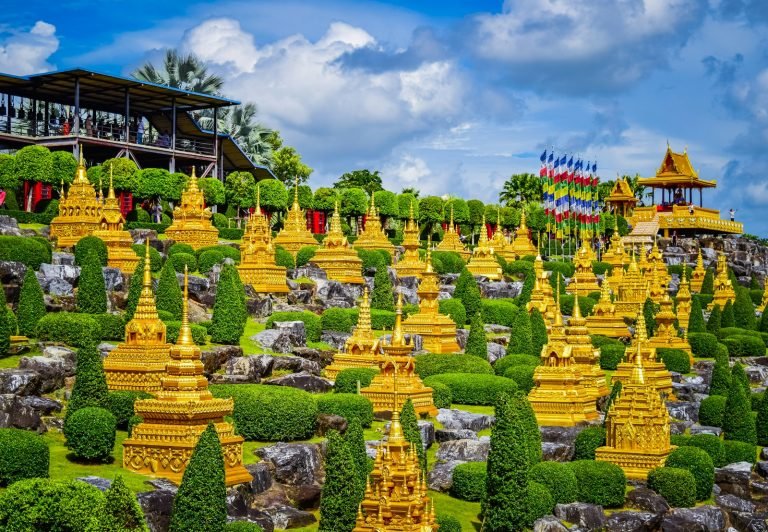 Garden with rows of yellow statues