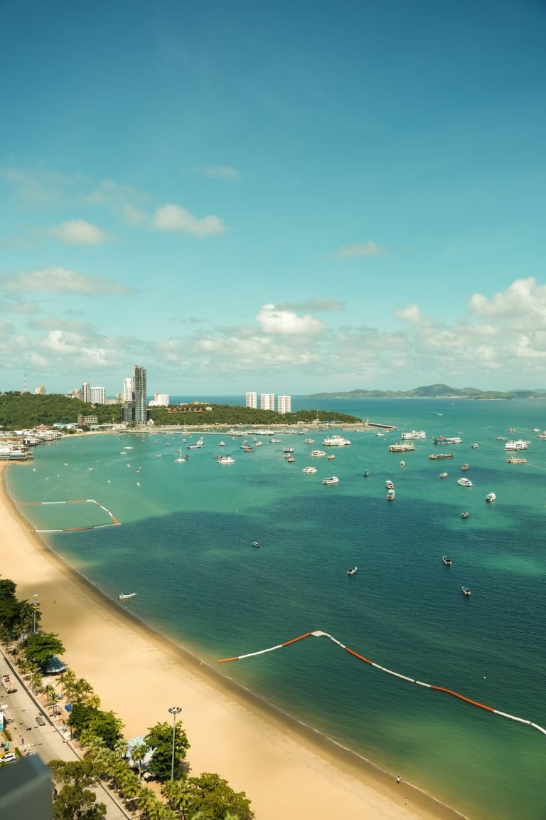 Boats moored off Pattaya beach