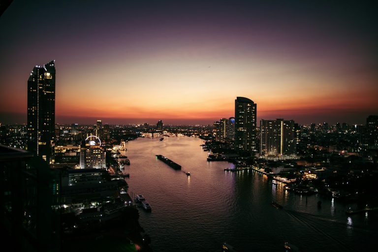 City and river lit up at night