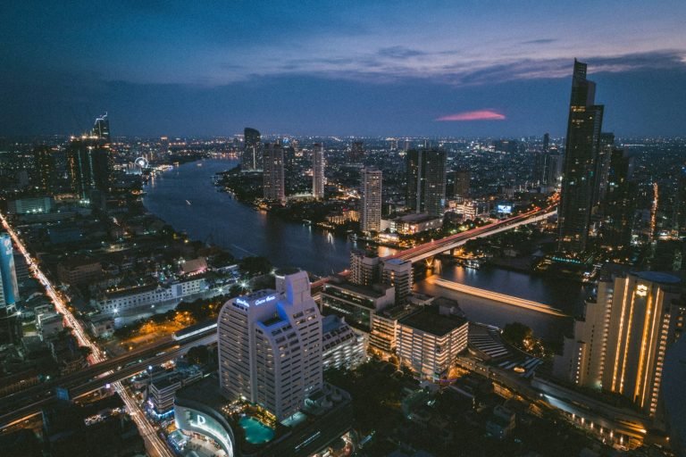 Riverside buildings at night