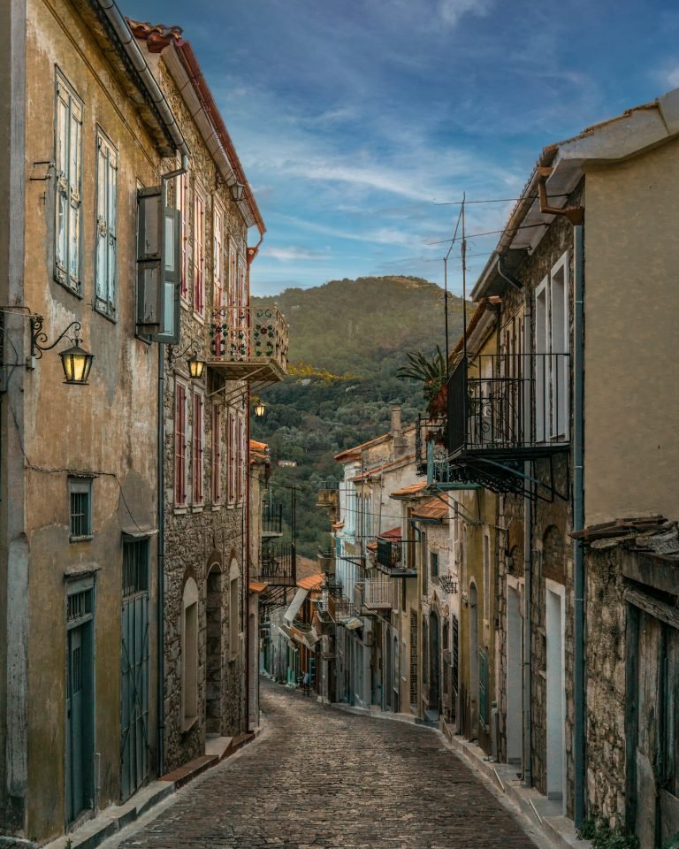 Cobblestone street in a European-style village