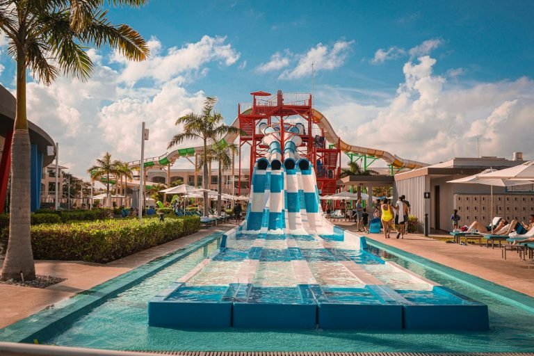 Water park with slides and palm trees